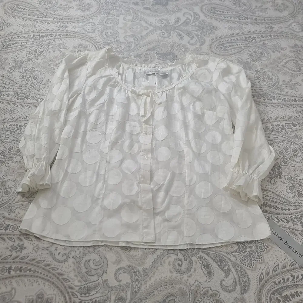 Harve Benard Vintage100% cotton Dot detail women's blouse Ivory Size Large - Picture 4 of 7